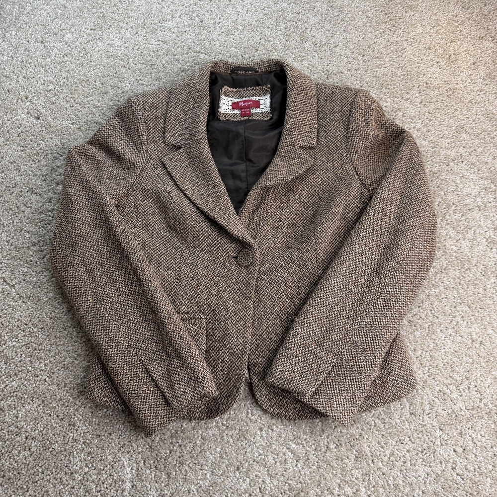 Monsoon Blazer Jacket Womens 10 Brown Herringbone Wool Silk Mohair Lined Office